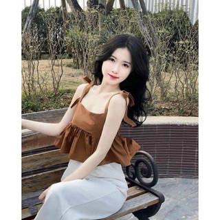 [Kim Clothing] Set áo nâu hai dây nơ vai dáng peplum xoè thun lưng + quần suông trắng