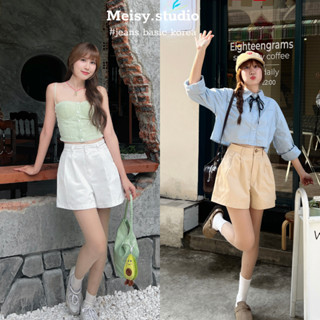 Quần short đùi nữ ống rộng cạp lưng cao chất thô Hàn có chiết ly màu trắng, nâu phong cách Hàn Quốc Meisy