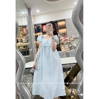 Váy xuông linen hoa cổ vuông tay bồng