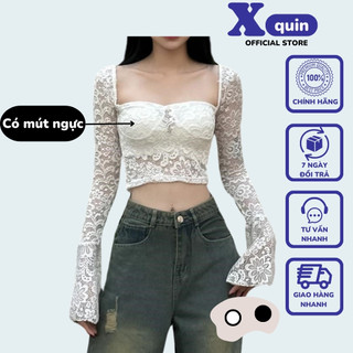 Áo kiểu nữ tay dài cổ vuông dáng croptop chất ren sexy Xquin, Áo ren cúp ngực (có mút ngực) tay dài ống loe sang chảnh
