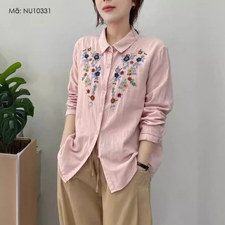 Áo sơ mi linen dài tay kamaka cổ đức thêu hoa trước ngực - nu10331