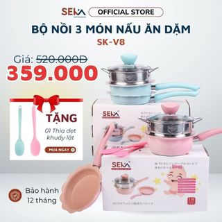 Bộ Nồi Nấu Chảo 3 Món SEKA Nấu Đồ Ăn Dặm Cho Bé Tráng Chống Dính Men Đá Hoa Cương Sử Dụng Trên Nhiều Loại Bếp
