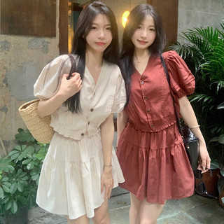 Set áo sơ mi nữ bo eo phối chân váy siêu xinh, sơ mi nữ tay phồng cổ chữ V phối váy xoè vintage 4152