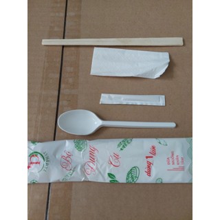 Combo 4 in 1 ( Đũa - Tăm - Khăn giấy khô - Muỗng ) Bịch 50 Bộ