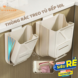 Thùng rác treo tủ bếp gấp gọn thông minh 10L và 7L ngăn đựng túi rác, Thùng rác treo tường gấp gọn