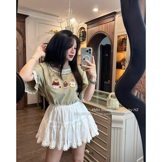Set áo thun viền ren xanh bơ mix chân váy thô kẹp ren