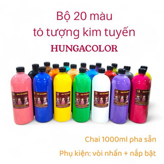Bộ 20 màu tô tượng 1 lít gốc acrylic loại pha sẵn kèm vòi nhấn và nắp bật HUNGACOLOR HCKT04-B20