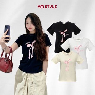 Áo thun babytee nữ VMSTYLE nhiều màu tay ngắn cổ tròn in hình nơ hồng dễ thương NH01 - ATU00613