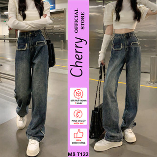 Quần Jean nữ CHERRY quần ống rộng tua túi cạp cao thời trang cá tính màu xanh rêu T121