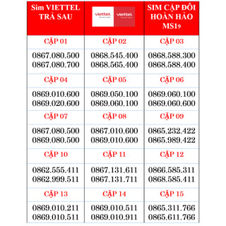 Sim Đôi Viettel trả sau hoàn hảo, 15 sim cặp viettel trả sau