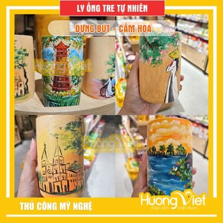 Ống tre đựng bút, cốc tre cắm hoa, ly bằng tre hàng thủ công mỹ nghệ vẽ tranh trang trí