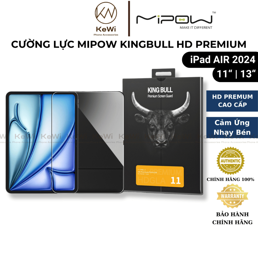 Miếng Dán Cường Lực Mipow iPad Air 7 M3 2025 / Air 6 2024 - Size 11" / 13", KINGBULL Premium HD