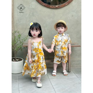 Bộ đồ đôi đi biển cho bé trai bé gái KAMACA, size 9 đến 40kg, Chất liệu vải đũi màu vàng kem