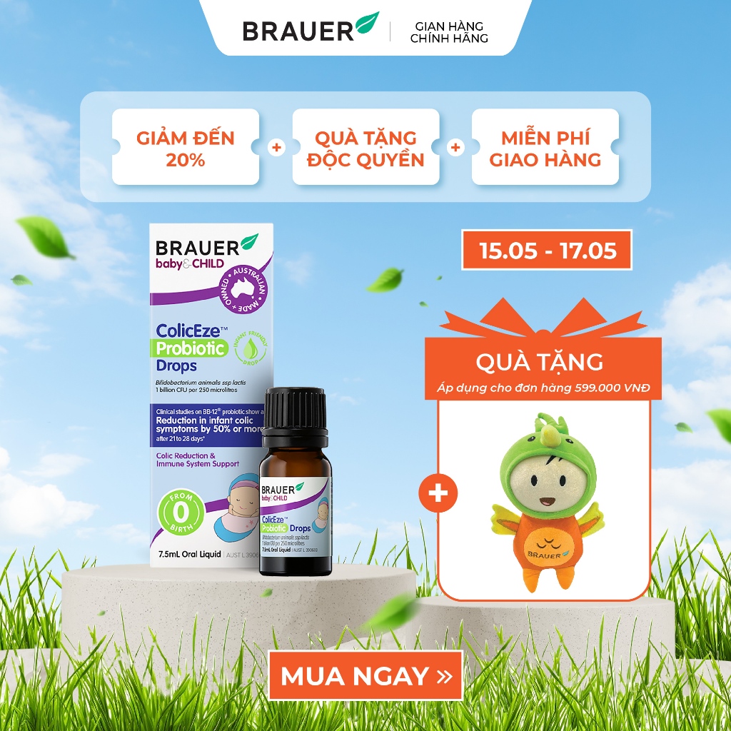 BRAUER Baby &amp; Child  ColicEze Probiotic Drops-Men vi sinh dạng lỏng hỗ trợ giảm đau bụng(7,5mL)