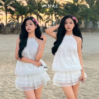 Đầm cổ yếm tiểu thư có quần bảo hộ VMSTYLE, Đầm ngắn vải tơ hở lưng đi biển,đi chơi,đi tiệc VDU00528