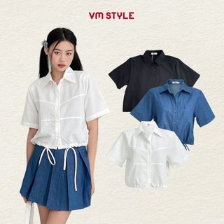 Áo sơ mi nữ VMSTYLE tay ngắn cổ bẻ rút dây eo nhiều màu basic đi học, đi chơi 020602 - SMU00199