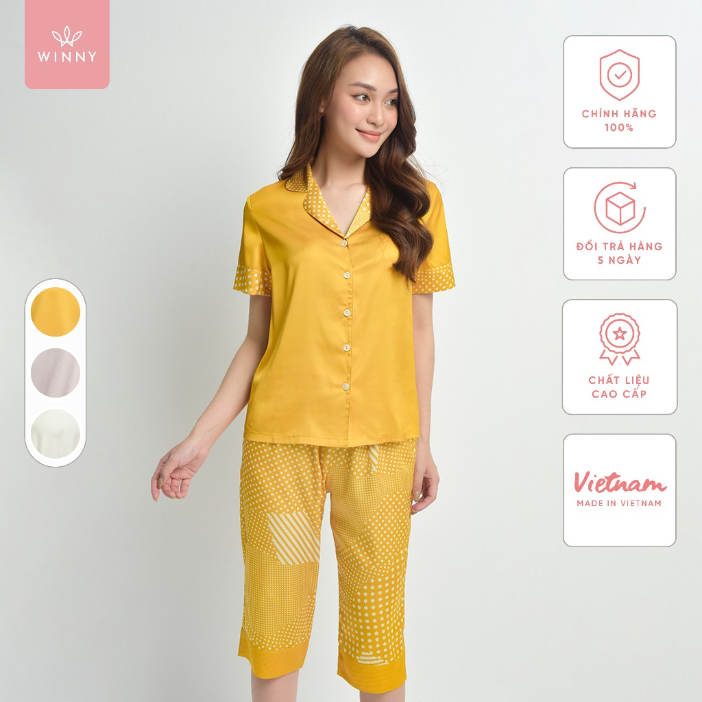 Bộ Mặc Nhà Nữ WINNY Đồ Ngủ Kiểu Tay Cộc Quần Ngố Chất Lụa Satin Mềm Mại 1MNSA22168N
