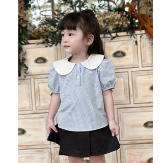 Áo sơ mi cổ sen kẻ sọc xanh - hồng dành cho bé gái