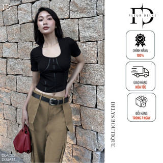 Áo thun cổ u phối gân da delys dlac52