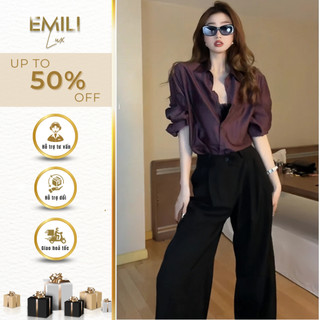 Set áo sơ mi kiểu nữ Emili phối quần cạp cao ống suông phong cách Hàn Quốc 