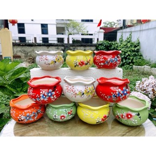 Chậu trồng cây cảnh, cắm hoa hình lượn sóng , trồng sen đá, gốm sứ Bát Tràng, Trang trí nội thất, hoa để bàn