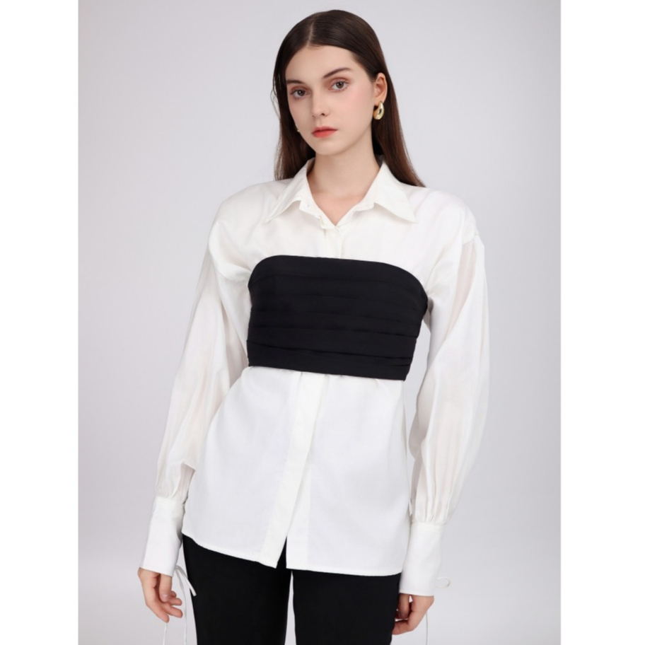 Áo sơmi lụa trắng kèm áo tube đen BEYOU Áo sơ mi lụa trắng tay phồng điểm nhấn thắt dây mặc kèm áo t