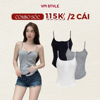 Áo thun 2 dây nữ VMSTYLE ôm body croptop vạt bầu phối nút basic thời trang mùa hè, đi biển ATU00806