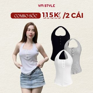 Áo thun 2 dây nữ VMSTYLE croptop cổ yếm phối nút lai bầu basic thời trang mùa hè,đi biển ATU00808