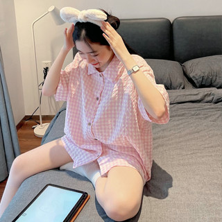 (Size 2)Bộ pijama ngủ nữ mặc nhà,  bộ pijama nữ cộc tay JEMCLOSET, Đồ ngủ caro phong cách hàn quốc JEM OWW 8132