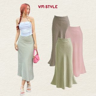 Chân váy dài nữ VMSTYLE form A xòe cạp cao caro nhiều màu đi biển, đi học, đi chơi CVD00074 CVN00133