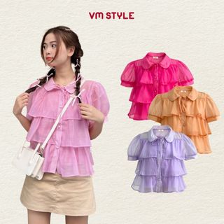 Áo kiểu nữ thiết kế 3 tầng VMSTYLE, Áo babydoll đi biển phối bèo nữ tính màu pastel 01553 ASU00026