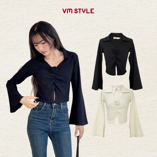 Áo kiểu nữ VMSTYLE croptop dáng ôm cổ bẻ tay dài loe đính hoa giữa nhẹ nhàng thời trang ASU00546