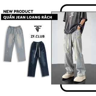 Quần jean nam ống suông cạp chun cào rách zf.club , quần bò nam rách ống rộng