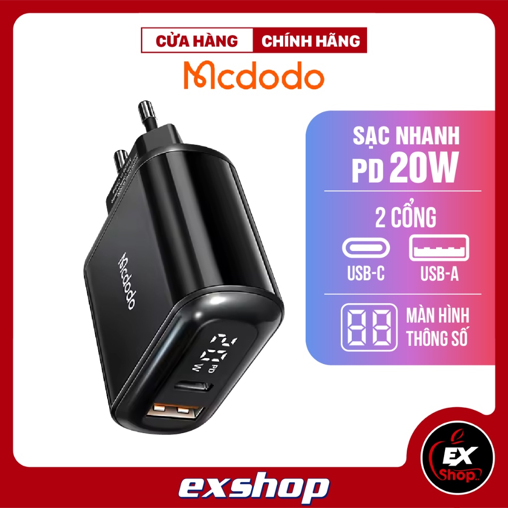Cốc sạc nhanh Mcdodo PD 20W 2 cổng có màn hình hiển thị thông số