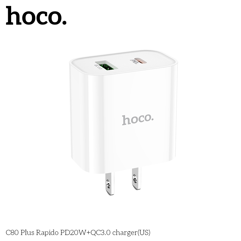 Củ sạc nhanh 20w Hoco C80 Plus dòng sạc PD20 + QC3.0, có 2 cổng USB và Type c, chân cắm dẹp