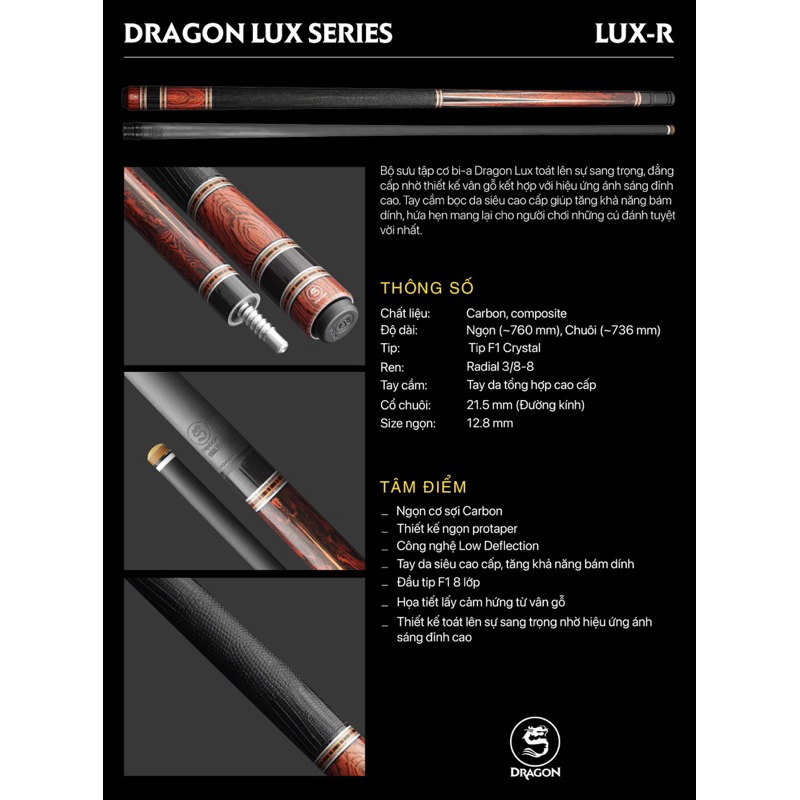 [Chính Hãng]Cơ Bida Lỗ DRAGON LUX Mẫu 2024 Ngọn Full Carbon Đầu 12.8mm Kèm Đầy Đủ Phụ Kiện/Gậy Bida Carbon(2 Phân Loại)
