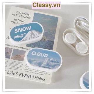 Khay đựng 01 cặp kính áp tròng, khay lens hình bầu trời và tuyết màu xanh, có gương soi PK658
