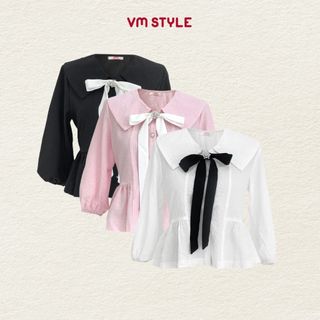 Áo kiểu nữ VMSTYLE dáng babydoll tay lửng cổ đính nơ dễ thương, tiểu thư đi chơi, dạo phố ASU00556