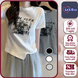 Áo thun croptop cổ tròn tay ngắn vạt lệch họa tiết in,áo phông nữ dáng ngắn co giãn đa chiều 1099
