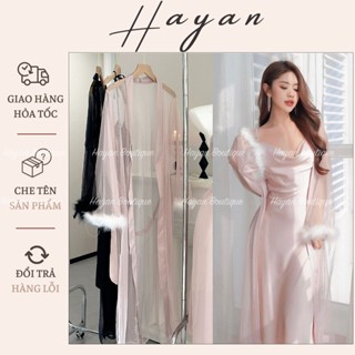 HT244 Áo choàng ngủ sexy tay lông sang chảnh, áo khoác dáng dài ren xuyên thấu mềm mại HT244