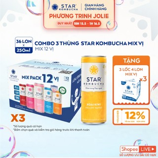 Combo 3 thùng 12 lon trà lên men STAR KOMBUCHA mix vị (250ml/lon)