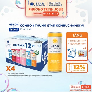 Combo 4 thùng trà hữu cơ STAR KOMBUCHA mix vị - Family Pack (250ml x 48 lon)