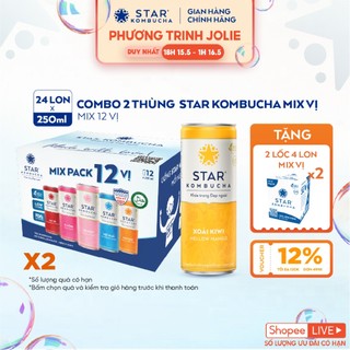 Combo 2 thùng 12 lon trà lên men STAR KOMBUCHA hữu cơ mix vị (250ml/lon)