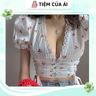 Áo croptop tay ngắn viền ren hoạ tiết cherry chất vải xô đẹp