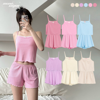 Set đồ ngủ áo 2 dây kèm quần thun gân gắn nơ moná - cutie