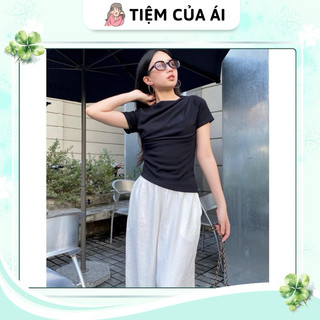 Áo thun nữ kiểu nhún vai lệch tay ngắn gân trung