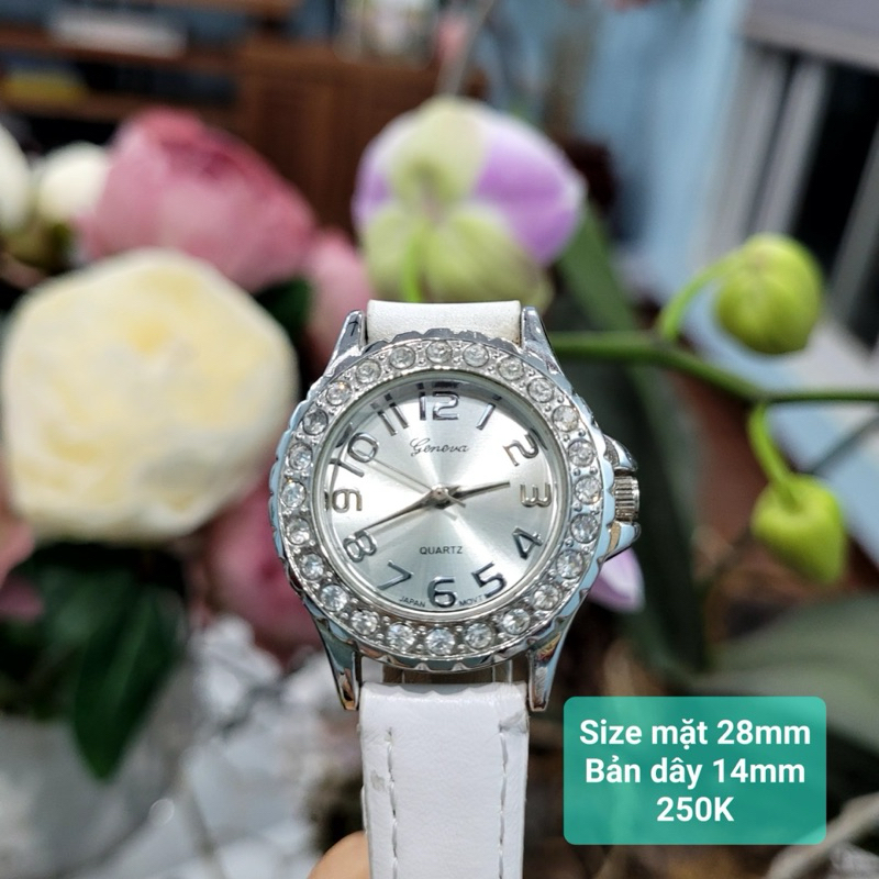 Đồng hồ si Nhật, đồng hồ nữ size mặt 28mm DH14, đính đá quanh viền.