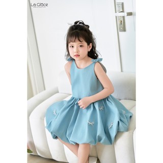 Váy jean bé gái sát nách nơ vai chân váy bồng đính nơ ngọc  100% cotton thoáng mát Bonnie - La Glace