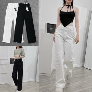 Ảnh tự chụp quần jeans ống suông trơn lưng cao