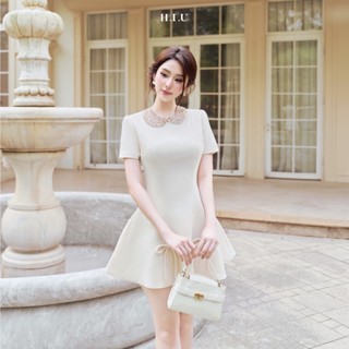 Cici Dress | Váy nữ thiết kế tay ngắn style tiểu thư H.I.U Fashion | đầm đính cổ cườm nhún bồng sang trọng HIU design